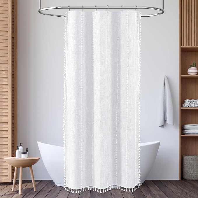 Small Boho Linen Heavy Duty Cloth Shower Curtain Set, 330GSM Linen Blend - Image 6