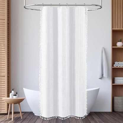 Small Boho Linen Heavy Duty Cloth Shower Curtain Set, 330GSM Linen Blend - Image 6