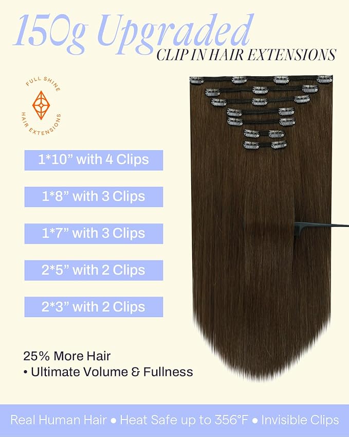 Full Shine Light Brown Real Hair Extensions Clip in Human Hair 150G Clip in Hair Extensions Real Human Hair 22 Inch 7 Pcs
