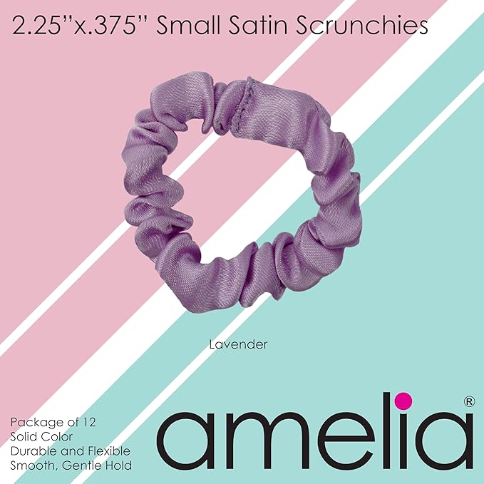 Amelia Beauty, Lavender Satin Small Scrunchies, 12-Pack – No Damage Hair Ties for Women, Gentle & Durable Hair Accessories, 2.5in x 0.5in