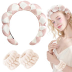 Zkptops Spa Headband for Washing Face Wristband Set Sponge Makeup Skincare Velvet Fabric Bubble Soft Get Ready Hairbands for Women Puffy Headwear Non Slip Thick Thin Hair Accessory (Checkered)