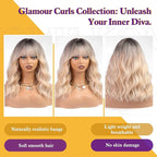 Curly Bob Wig with Bangs Short Wavy Ombre Blonde Wigs for Women Lob Haircut Synthetic Heat Resistant Bob Wigs 14IN