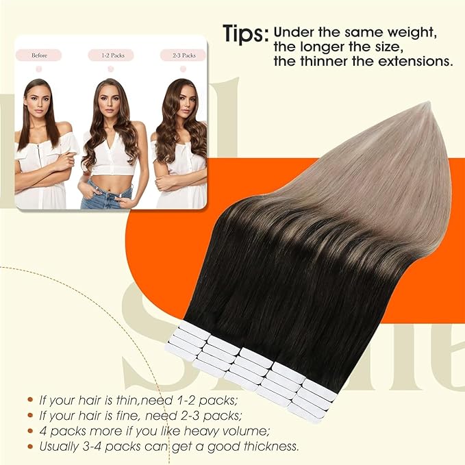 Full Shine Ombre Tape in Hair Extensions 12Inch Real Human Hair Tape in Extensions Color 1B/18 Black Fading to Ash Blonde Balayage Hair Extension Real Human Hair 20Pcs 30G Seamless Skin Weft Soft Hair