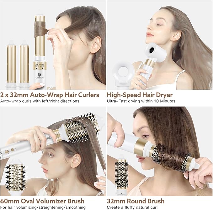 Hair Dryer Hot Air Styler: High-Speed Blow Dryers with Negative Ionic for Fast Drying Frizz Control, Extra Long Barrel 1 1/4 Inch Curling Iron Airflow Auto Wrap Curler for Quick Styling (White)