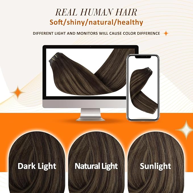 Full Shine Seamless Clip in Hair Extensions 22 Inch Dark Brown Balayage to Light Brown with Caramel Blonde Real Human Hair Straight Hair for Long 8 PCS 120 G
