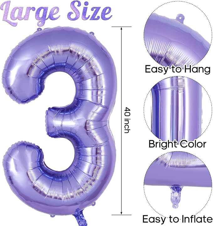 Purple Number 3 Balloon 40 Inch, Big Large Foil Helium Number Balloons - Image 3