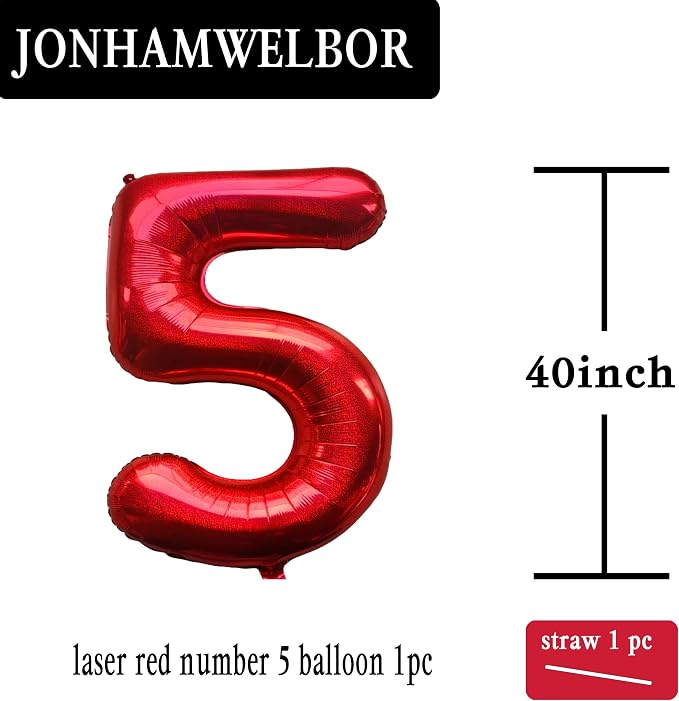 Jonhamwelbor 40 Inch Laser Red Number 5 Foil Mylar Balloon - Image 2
