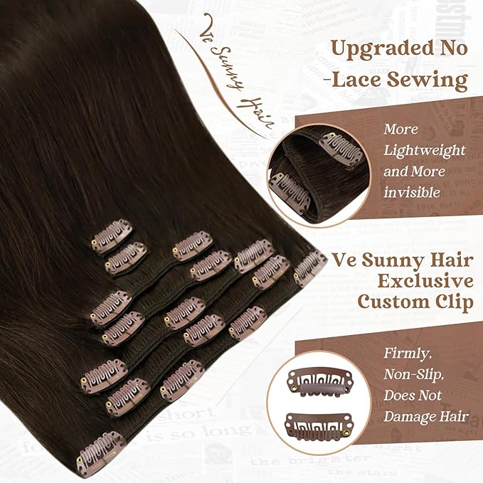 Ve Sunny Brown Clip in Hair Extensions Human Hair Clip in Extensions Dark Brown Hair Extensions Clip ins Long Hair Extensions Real Human Hair Clip in Natural Look 20inch 7pcs 120g