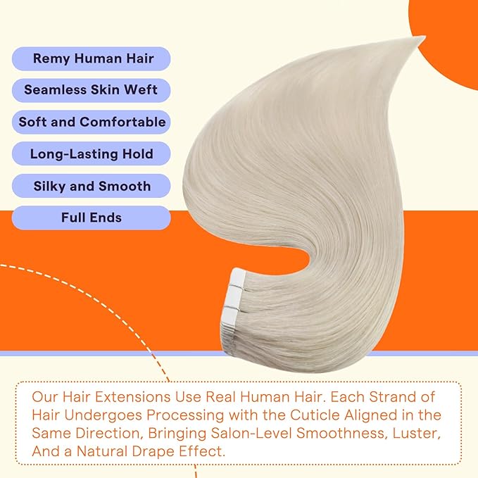 Full Shine Tape in Hair Extensions Color 1000A Blonde 22 Inch Invisible Seamless Remy Tape in Human Hair Extensions 50 Grams Natural Soft and Silky Extensions for Women Real Hair 20PCS for Wedding