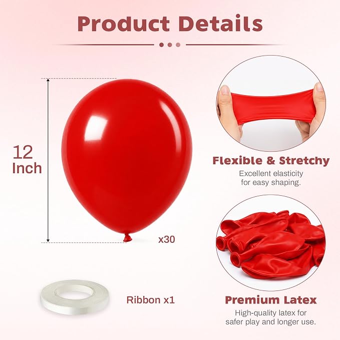 Red Balloons, 12 Inch Red Latex Party Balloon | 30 Pack Helium Balloons - Image 2