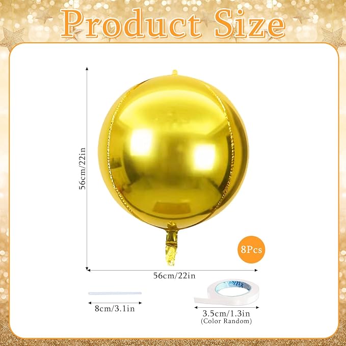8 Pcs Gold Round Foil Balloons 22 Inch 4D Gold Mylar Orbz Round Balloons - Image 6