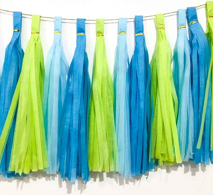 We Moment Green Blue and Light Blue Tissue Paper Tassels Party Tassel Garland - Image 3