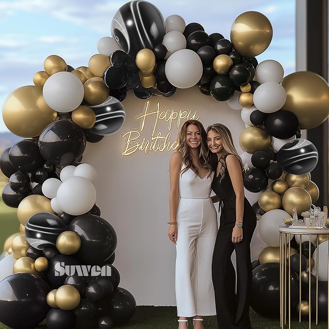 SUWEN 153Pcs Black and Gold Balloons Arch Kit 18 10 5 Inch Marble White | Black - Image 5