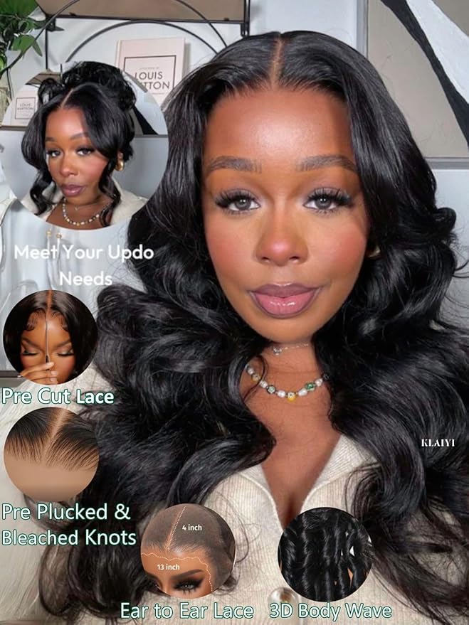 KLAIYI Wear And Go Glueless Wig Bye Bye Knots 13x4Precut Lace Front Wigs Human Hair Loose Body Wave Wig Pre Bleached Pre Everything Pre Plucked with Baby Hair 3S Ready to Wear Beginner Friendly 24Inch