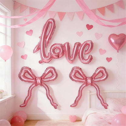 Pink Love Bow Balloons Set, 42 Inch Giant Foil Love Letter Balloon 22 Inch Bow - Image 3
