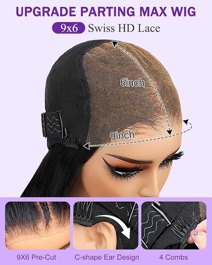 9x6 SKINLIKE Real HD Lace Closure Wig, Body Wave 180% Density 0.10mm Ultra-thin Swiss Lace Pre-plucked Bleached Small Knots With Baby Hair Glueless wigs Human Hair 24 Inch