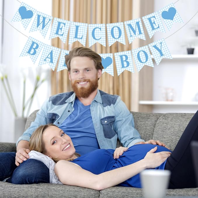 Hahafelt 1 Pcs Blue Gingham Welcome Baby Boy Banner - Image 5