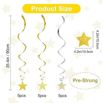 BEISHIDA Gold Glitter Stars Hanging Swirls Pre-Strung Hanging Ornament - Image 2
