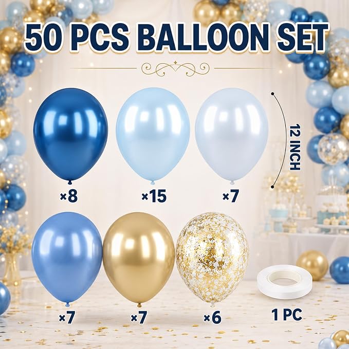 Blue and Gold Balloon, 50 Packs 12 Inch Metallic Blue Pearl Double Stuffed Blue - Image 3
