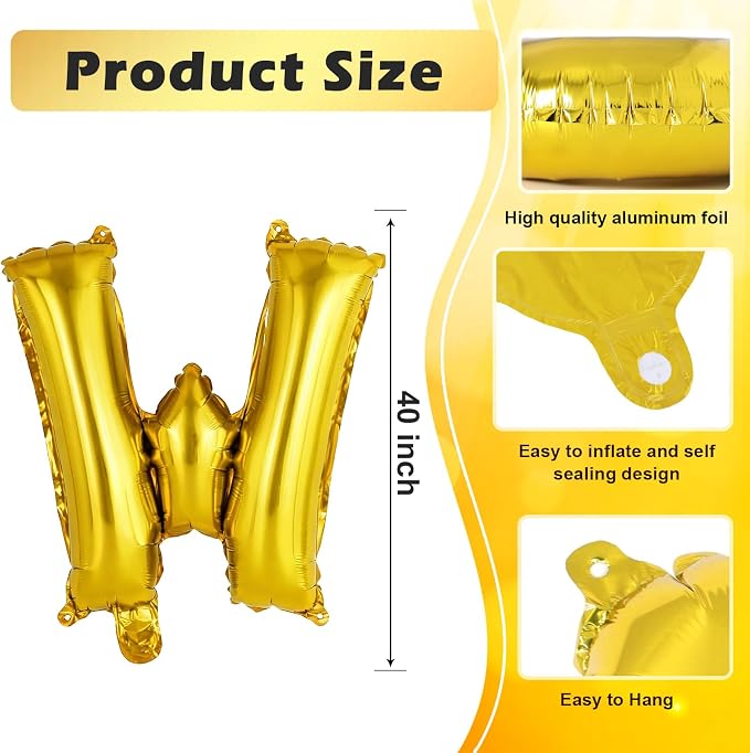 Gold Letter W Balloons, 40 Inch Large Foil Letter Balloons, Custom Phrase - Image 2