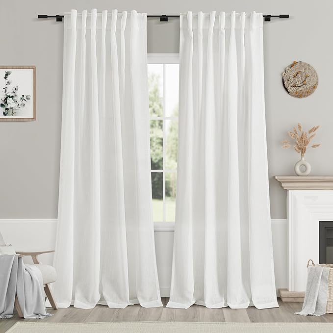 Extra Long White Linen Curtains 102 Inches Long 2 Panels Set by Nanspring