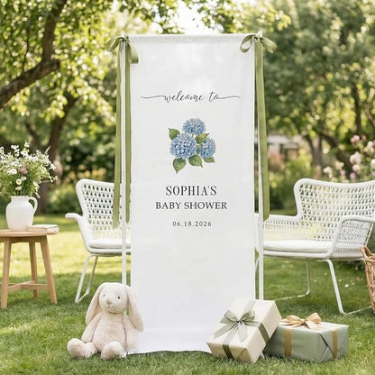 Custom Fabric Baby Shower Welcome Sign, Hydrangea Floral Banner, Personalized by Custom
