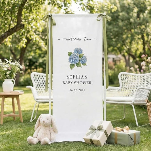 Custom Fabric Baby Shower Welcome Sign, Hydrangea Floral Banner, Personalized by Custom