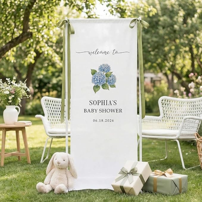 Custom Fabric Baby Shower Welcome Sign, Hydrangea Floral Banner, Personalized - Image 2