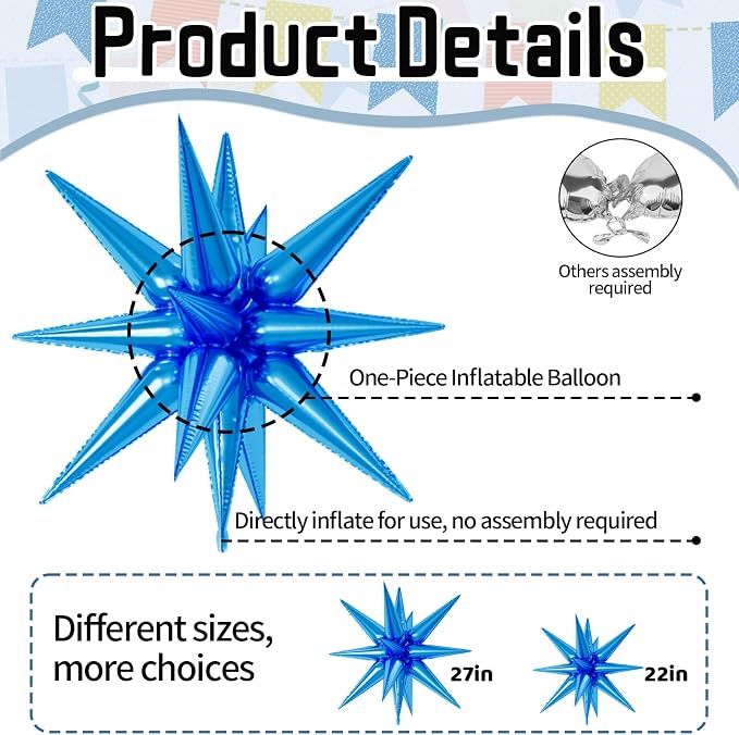 22/27 Inch Blue Black Star Balloons, Cone Spike Balloon, Aluminum Foil Balloon - Image 3