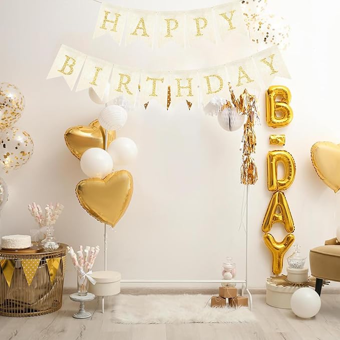 Gold Happy Birthday Banner Pre-strung Burlap Bunting Party Backdrop Sign - Image 3