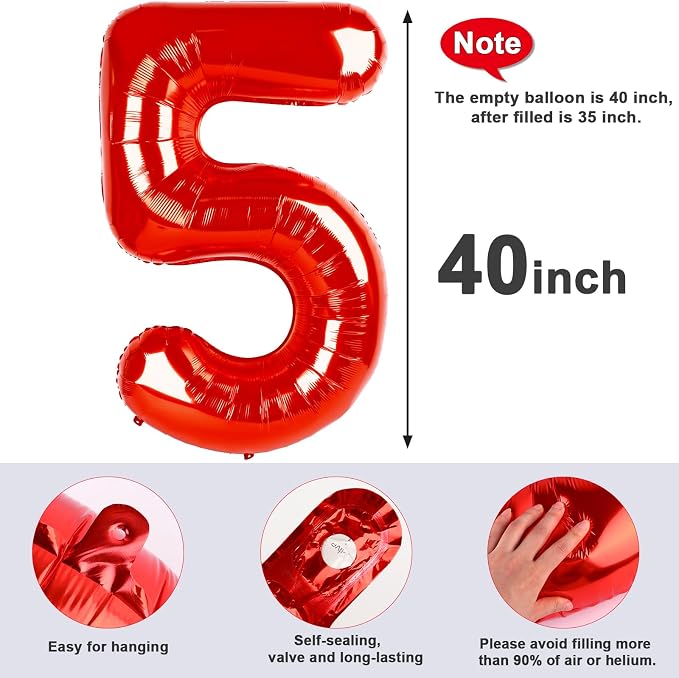 5 Balloon Numbers Birthday Decorations, 40In Red Balloons - Image 5