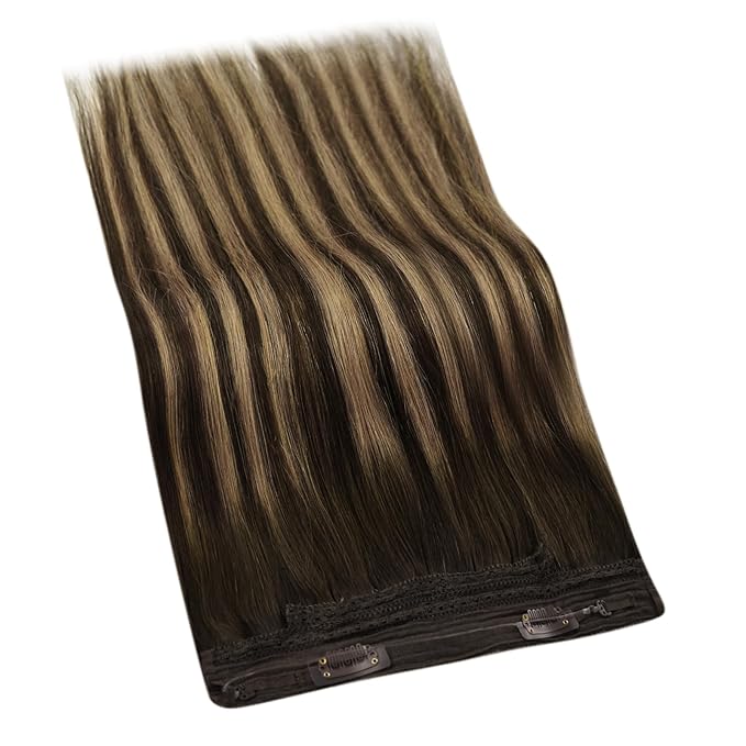 YoungSee Invisible Wire Hair Extensions Balayage Wire Human Hair Extensions Dark Brown Fading To Caramel Blonde Mix Brown Balayage Straight Fish Line Hair Extension for Short Hair 12Inch 70G
