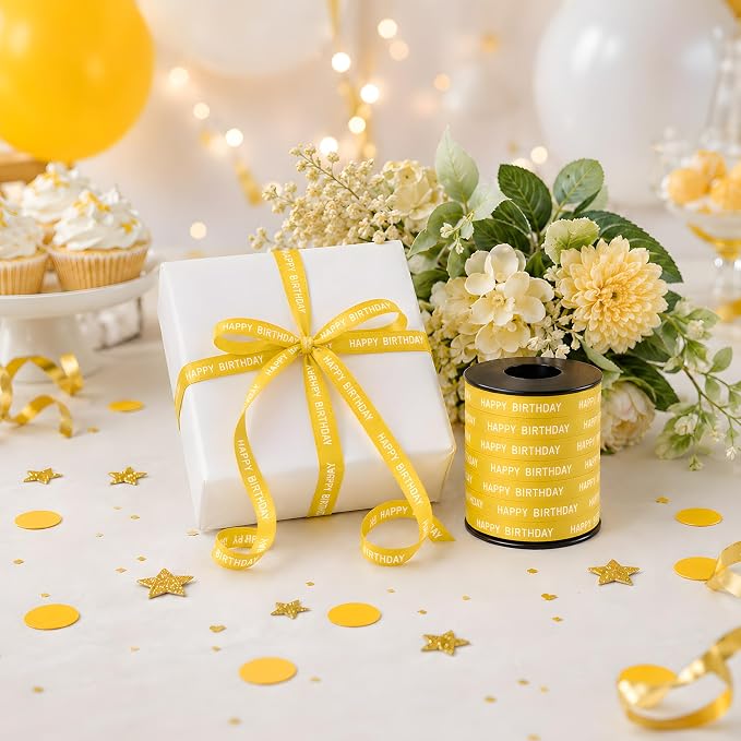 BEISHIDA 250 Yards Yellow Happy Birthday Printed Crimped Curling Ribbon Balloon - Image 5