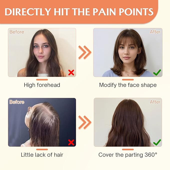 Benehair Clip in Bangs 100% Real Human Hair Extensions 360° Cover Clip on 3D Wispy Bangs for Women Topper Hairpieces for Women Medium Brown Highlights Dark Blonde