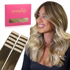 WENNALIFE Tape in Hair Extensions Human Hair Ombre Walnut Brown to Ash Brown and Bleach Blonde Tape in Extensions, 10pcs 25g 14 inch Remy Invisible Tape Ins Straight Real Human Hair Tape in Extensions