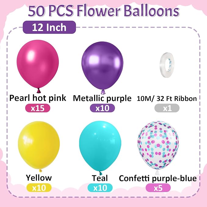 Paready Pink Blue Purple Balloons, 12 Inch Hot Pink Teal Blue Metallic Purple - Image 2