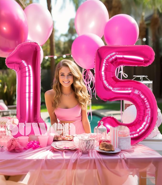 SUWEN 40 Inch Hot Pink Large 15 Number Balloons Big Foil Helium Number Balloons - Image 3