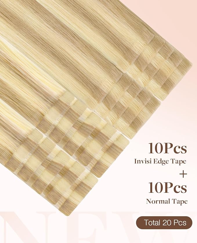 GOO GOO Invisi Edge Tape in Hair Extensions Human Hair, 18D/22F Dirty Blonde Highlights10pcs injected with 10pcs classical tape ins, 16inch 50g, Virgin Remy Hair, Natural Look