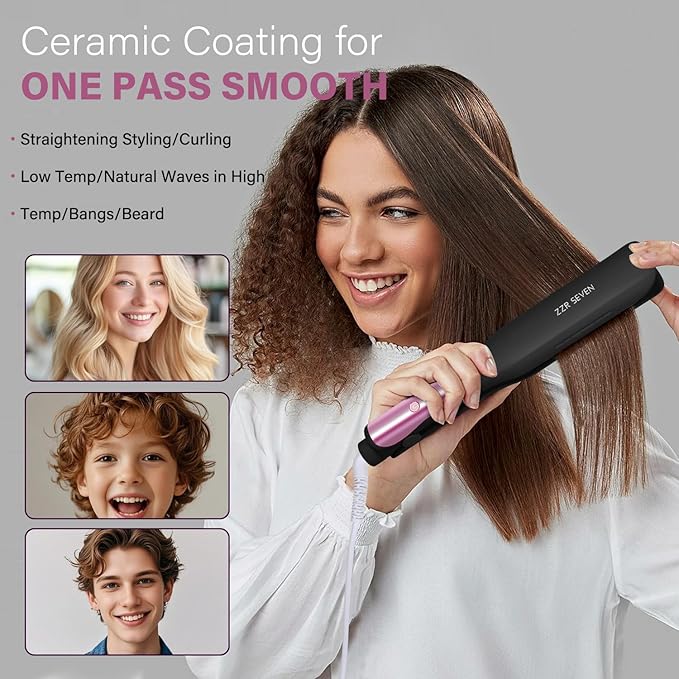 Hair Straightener, 1.25” Flat Iron and Curler 2 in 1, Ceramic Coating, Quick Heat Up, 4 Temp. Options, for All Hair Type, Less Frizz, Shinier and Smoother, Dual Voltage for Travel, Black