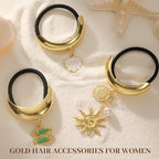 3PCS Gold Hair Ties, Metal Hair Ties for Thick Hair, Elegant Durable Geometric Design, Gold Hair Accessories with Charm Stretchy and Non-Damage Ponytail Cuff Holders, 3 Styles in Box Holiday Gifts