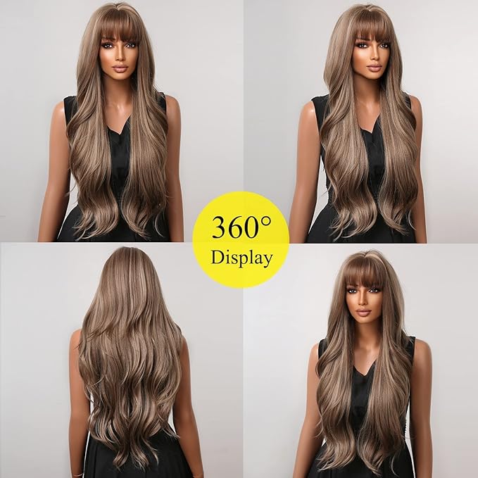 EMMOR Long Curly Light Brown Wigs with Bangs for Women, Heat Resistant Synthetic Wavy Wigs for Daily/Party/Cosplay