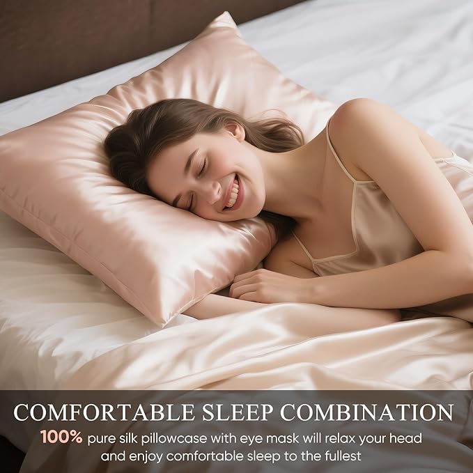 100% Mulberry Silk Pillowcase 22 Momme (SGS Certified) with Free Silk Eye Mask - Luxury Gift-Ready Folded Packaging, Cooling Pillow Cover for Hair & Skin Care (Rose Gold, Standard (1 Pack))