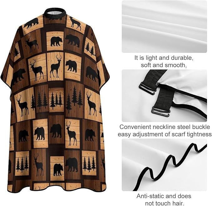 Salon Gown Cape Rustic Wood Bear Moose Pattern Haircut Gown, Full Coverage Haircut Hairdressing Cloth Apron for Hairstylists, Easy Clean