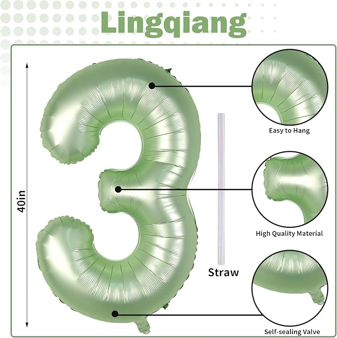 Sage Green Number 3 Balloon, 40In Large Foil Number Balloons Set 0-9 - Image 2