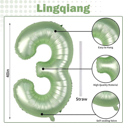 Sage Green Number 3 Balloon, 40In Large Foil Number Balloons Set 0-9 - Image 2