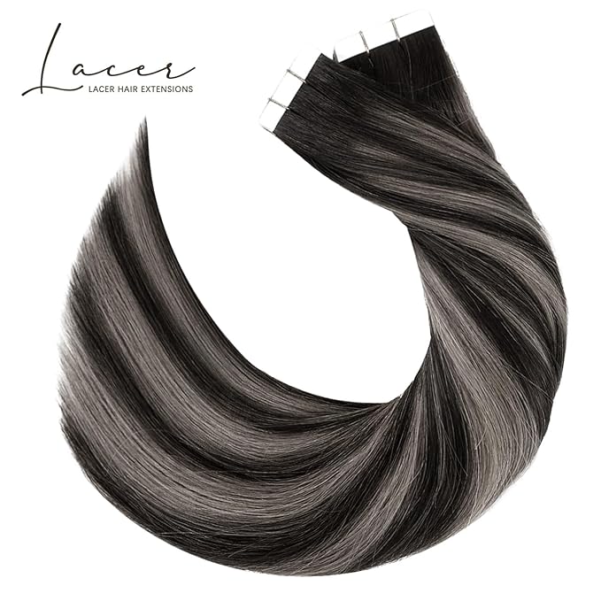 Lacer Grey Tape in Hair Extensions Human Hair Straight Natural Black to Silver Highlights with Natural Black Roots Hair Extensions Tape in 20 Inches 20pcs/50g