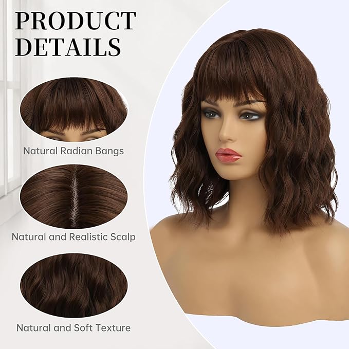 Short Chocolate Brown Wigs for Women Dark Brown Wavy Bob Wig with Bangs Medium Lenth Synthetic Natural Hair Wigs for Daily Party Use(14 Inch)