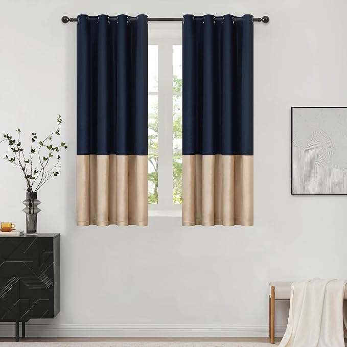 Navy Beige Velvet Blackout Curtains Luxury Decor 63 inches, Color Block | by ModernShinyVelvetCurtains