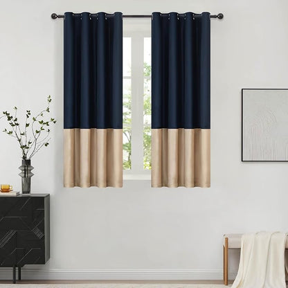 Navy Beige Velvet Blackout Curtains Luxury Decor 63 inches, Color Block | by ModernShinyVelvetCurtains