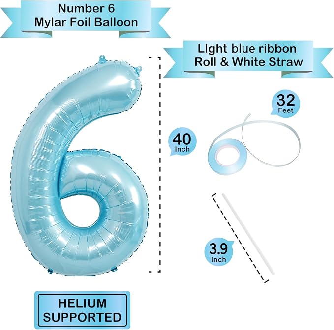 40 Inch light blue Number Balloons, Helium Mylar Foil Number Balloons - Image 3